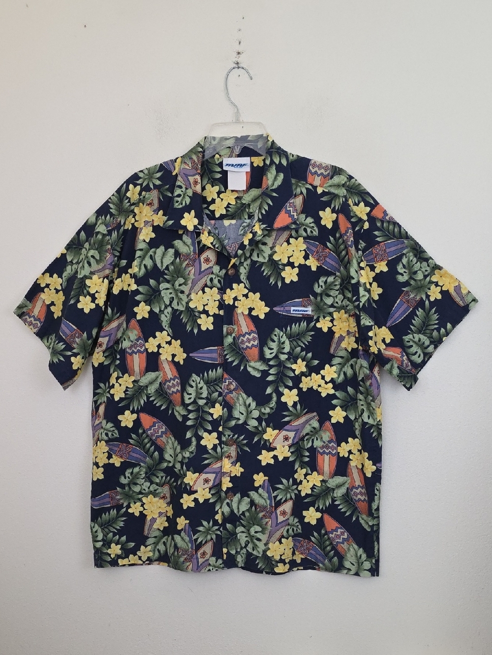 Vintage Black w/ Tropical Floral & Surfboard Short Sleeve Button Shirt Mens XL